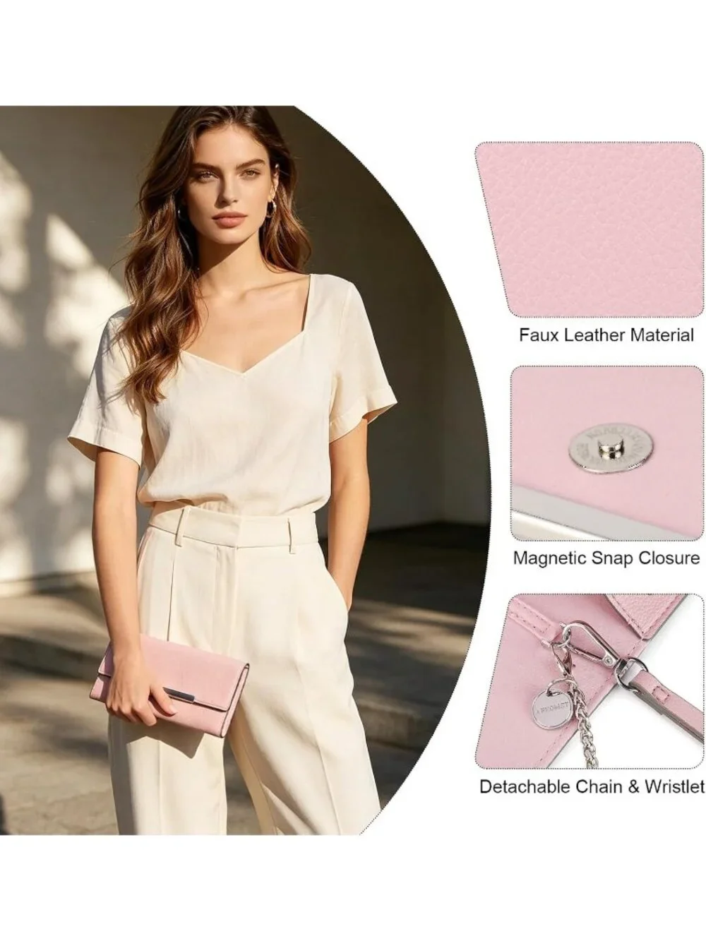 Women’s Light Pink Clutch Purses Wristlet Vegan Leather Formal Evening Bag